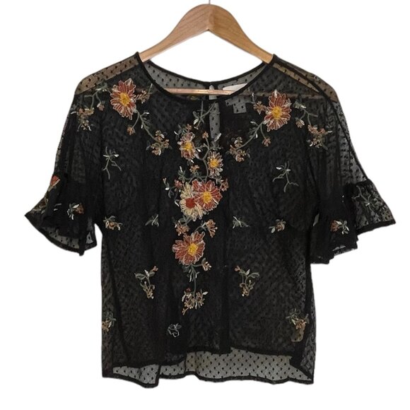 Anthropologie Maeve Embroidered Cadiz Sheer Floral Short Sleeve Top Keyhole Back - Picture 1 of 12